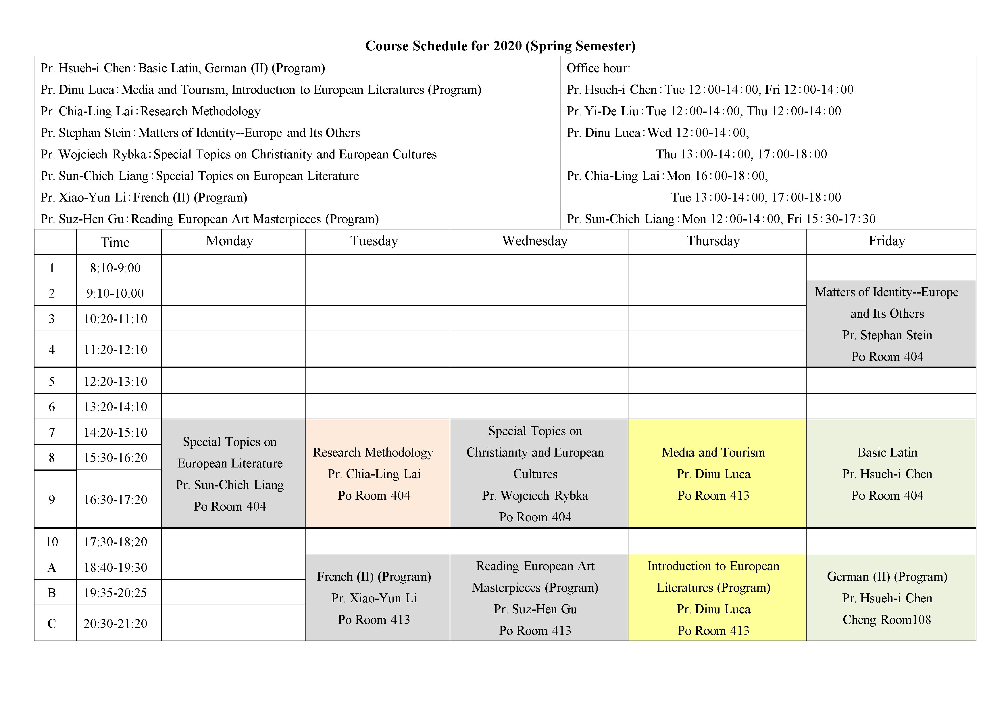Course Schedule For 2020 Spring Semester